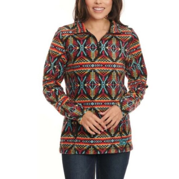 Powder River Outfitters Women's Vibrant Aztec Print 1/4 Zip Fleece Pullover Mult - Picture 1 of 3